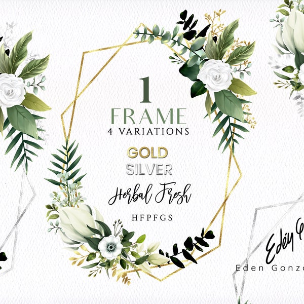 Digital Herbal Frames/Clipart/Arrangements/Stationery/Watercolor/Eucalyptus/Greenery/Tropical/Golden/Silver/Border/Commercial use