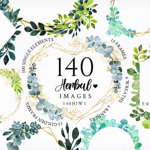 Greenery Set/Eucalyptus/Frames/Clipart/Digital/Watercolor/Leaves/Leaf/Golden/Herbal/Tropical/Botanical/Border/Wreaths/Commercial use