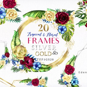 Puede incluir: 20 Marcos tropicales y florales PLATA ORO & TFFIGS20. Una descarga digital de 20 marcos de acuarela con hojas tropicales, flores y acentos dorados. Los marcos son perfectos para agregar un toque de elegancia a tus diseños.