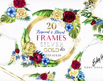 Digital Tropical Frames/Greenery/Golden/Silver/Herbal/Clipart/Botanical/Border/Foliage/Monstera/Aloha/Beach/Watercolor/Commercial use