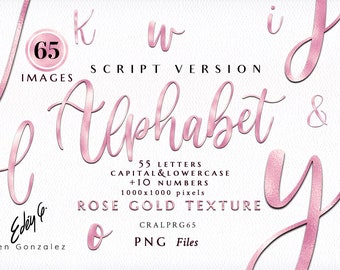 Alphabet/Rose Gold/Pink/Cursive/Script/Calligraphy/Handwritten/Letters/Numbers/Symbols/PNG/Metal/Clipart/Stationery/Texture/Commercial use