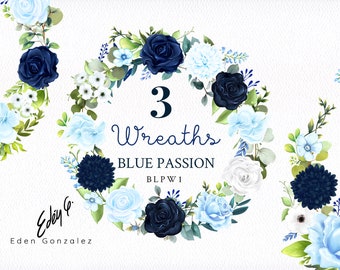 Digital Blue Wreaths/Clipart/Illustrations/Flowers/Arrangements/Bouquets/Stationery/Watercolor/Wedding/Light blue/Navy/Border/Commercial use