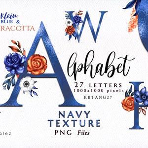 Alphabet/Letters/PNG/Navy/Floral/Blue/Navy/Terracotta/Brown/Arrangements/Flowers/Bouquets/Stationery/Watercolor/Wedding/Commercial use