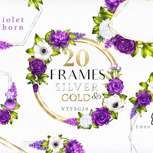 Purple Frames/Violet/Lavender/Floral/Gold/Silver/Clipart/Roses/Flower/Arrangements/Bouquets/Stationery/Watercolor/Border/Commercial use