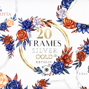 Blue/Terracotta/Frames/Floral/Navy/Beige/Gold/Silver/Clipart/Flowers/Arrangements/Bouquets/Stationery/Watercolor/Digital/Commercial use