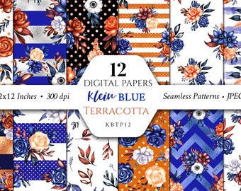 Klein Blue/Terracotta/Beige/Coral/Brown/Digital Papers/Patterns/Scrapbook/Seamless/Print/Fabric/Flowers/Stationery/Watercolor/Commercial use