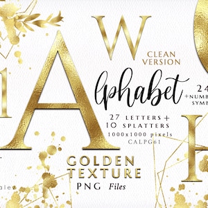 Alphabet/Letters/Numbers/Symbols/PNG/Golden/Gold/Wedding/Clipart/Stationery/Splatter/Texture/Watercolor/Commercial use