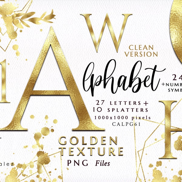 Alphabet/Letters/Numbers/Symbols/PNG/Golden/Gold/Wedding/Clipart/Stationery/Splatter/Texture/Watercolor/Commercial use