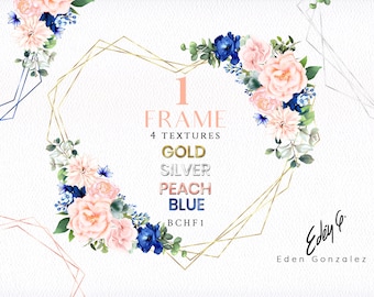 Digital Blue & Pink Golden Frames/Silver/Clipart/Roses/Flowers/Stationery/Peach/Floral/Heart/Coral/Watercolor/Border/Navy/Commercial use