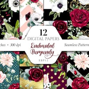 Burgundy Digital Papers/Red/Wine/Patterns/Scrapbook/Seamless/Print/Fabric/Flowers/Arrangements/Bouquets/Stationery/Watercolor/Commercial use