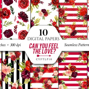 Burgundy Digital Papers/Red/Wine/Patterns/Scrapbook/Seamless/Print/Fabric/Flowers/Arrangements/Bouquets/Stationery/Watercolor/Commercial use