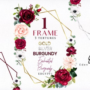 Cadres numériques de Bourgogne / Clipart / Roses / Fleurs / Arrangements / Bouquets / Papeterie / Aquarelle / Bourgogne / Rouge / Bordure / Argent / Or / Utilisation commerciale