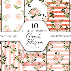 May include: A set of 10 digital papers featuring peach blossom floral patterns in pink and white. The papers are seamless and come in JPEG format. The papers are 12x12 inches and 300 dpi.