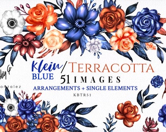 Digital Navy Blue & Terracotta/Arrangements/Klein/Brown/Copper/Clipart/Flowers/Floral/Bouquets/Corner/Stationery/Border/Commercial use