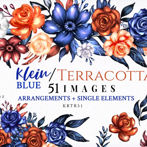 Digital Navy Blue & Terracotta/Arrangements/Klein/Brown/Copper/Clipart/Flowers/Floral/Bouquets/Corner/Stationery/Border/Commercial use