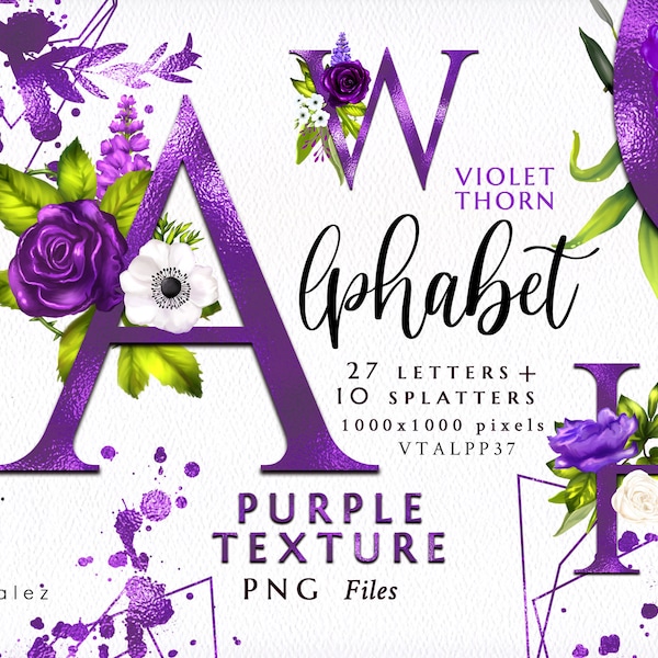 Purple Alphabet/Violet/Lavender/Letters/PNG/Floral/Clipart/Arrangements/Flowers/Bouquets/Stationery/Watercolor/Wedding/Border/Commercial use