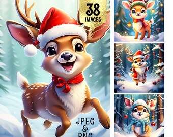 Christmas Clipart/Deer/Cute/Santa/Holiday/Graphics/Festive/Winter/Seasonal/Watercolor/Digital Download/Jolly/December/Red/Commercial use/