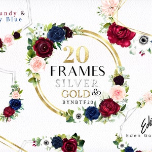 Burgundy & Navy Blue Frames/Floral/Gold/Silver/Clipart/Roses/Flower/Arrangements/Bouquets/Stationery/Watercolor/Red/Border/Commercial use
