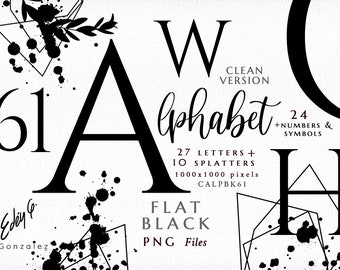 Alphabet/Letters/Numbers/Symbols/PNG/Black/Dark/Shadow/Flat/Silhouette/Wedding/Clipart/Stationery/Splatter/Watercolor/Commercial use