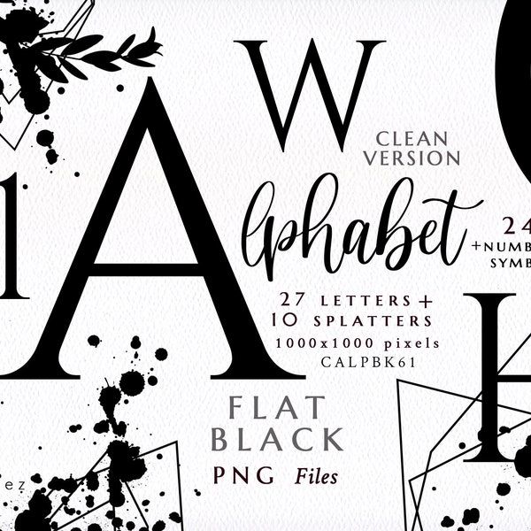 Alphabet/Letters/Numbers/Symbols/PNG/Black/Dark/Shadow/Flat/Silhouette/Wedding/Clipart/Stationery/Splatter/Watercolor/Commercial use