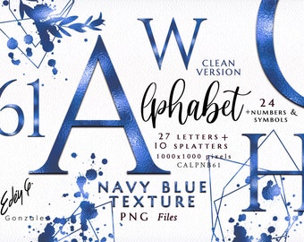 Alphabet/Letters/Blue/Navy Blue/Prussian/Sapphire/Numbers/Symbols/PNG/Wedding/Clipart/Stationery/Splatter/Texture/Watercolor/Commercial use