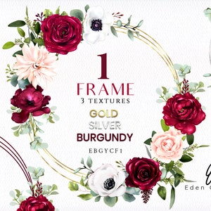 Digital Burgundy Frames/Clipart/Roses/Flowers/Arrangements/Bouquets/Stationery/Watercolor/Red/Border/Wine/Silver/Gold/Commercial use