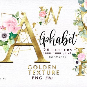 Alfabeto /Letras/PNG/Dorado/Floral/Clipart/Rosa/Oro Rosa/Arreglos/Flores/Ramos/Papelería/Acuarela/Boda/Borde/Uso comercial