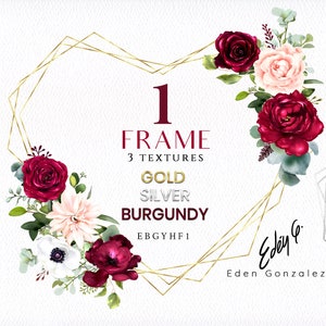 Digital Burgundy Frames/Heart/Clipart/Roses/Flowers/Arrangements/Bouquets/Stationery/Watercolor/Red/Love/Border/Silver/Gold/Commercial use