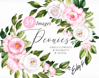 Digital Rose Flowers/Peony/Peonies/Floral/Clipart/Pink/Coral/Blush/Herbal/Corners/Frames/Arrangements/Bouquets/Wreath/Border/Commercial use