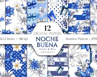 Christmas Digital Papers/Blue/Navy/Silver/Klein/Patterns/Noche Buena/Poinsettia/Clipart/Xmas/Floral/Winter/Flower/Seamless/Commercial use