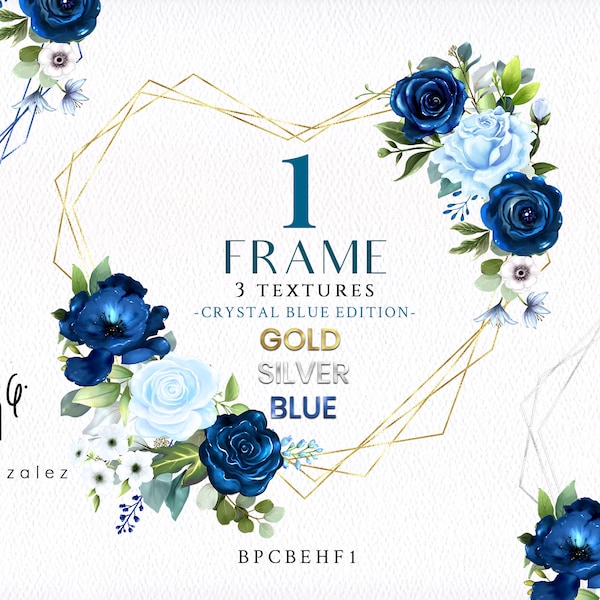 Digital Blue Frames/Heart/Love/Clipart/Roses/Flowers/Floral/Arrangements/Bouquets/Watercolor/Cyan/Navy/Border/Silver/Gold/Commercial use