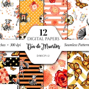 Dia de Muertos Papers/Day of the Dead/Altar/Catrina/Patterns/Scrapbook/Seamless/Print/Fabric/Flower/Cempasúchil/Marigold/Kids/Commercial use