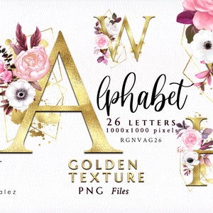 Alphabet/Buchstaben/PNG/Golden/Floral/Clipart/Pink/Roségold/Arrangements/Blumen/Blumensträuße/Briefpapier/Aquarell/Hochzeit/Rand/Kommerzielle Nutzung