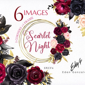 Scarlet Corners/Red/Burgundy/Gold/Golden/Black/Wine/Beige/Clipart/Flowers/Arrangements/Bouquets/Stationery/Watercolor/Border/Commercial use