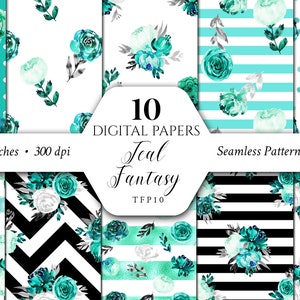 Teal Digital Papers/Turquoise/Aquamarine/Emerald/Mint/Patterns/Flowers/Scrapbook/Seamless/Arrangements/Stationery/Watercolor/Commercial use
