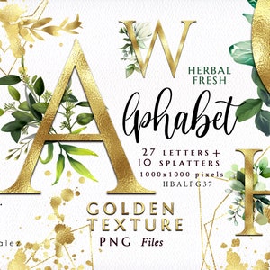 Alphabet/Greenery/Leaf/Leaves/Herbal/Tropical/Letters/PNG/Golden/Gold/Wedding/Clipart/Stationery/Splatter/Texture/Watercolor/Commercial use