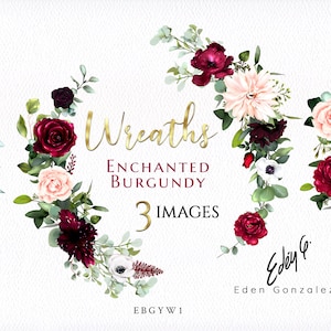 Digital Burgundy Wreaths/Clipart/Illustrations/Flowers/Arrangements/Bouquets/Stationery/Watercolor/Wedding/Border/Wine/Red/Commercial use