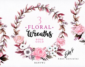 Digital Rose Gold Wreaths/Clipart/Flowers/Arrangements/Bouquets/Stationery/Watercolor/Wedding/Pink/Blush/Coral/Floral/Border/Commercial use