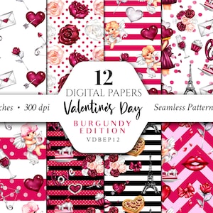 Valentine's Day Digital Papers/Burgundy/Love/Cupid/Angel/Patterns/Scrapbook/Seamless/Heart/Print/Fabric/Arrangement/Floral/Commercial use