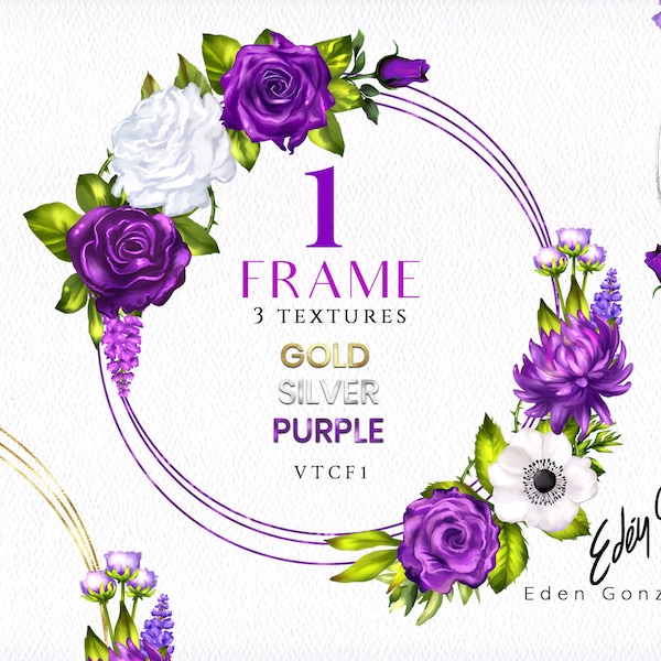 Puple Frames/Circles/Silver/Violet/Gold/Anemones/Clipart/Roses/Flowers/Arrangements/Bouquets/Stationery/Watercolor/Border/Commercial use