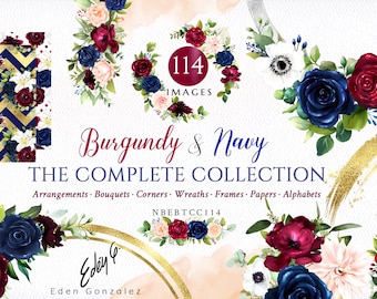 Burgundy and Navy/Arrangements/Clipart/Illustrations/Flowers/Arrangements/Bouquets/Stationery/Watercolor/Wedding/Blue/Red/Commercial use