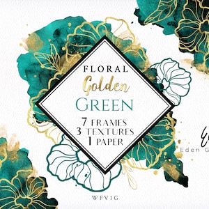 Könnte beinhalten: Aquarell-Blumendesign mit goldenen Akzenten. Das Design zeigt blaugrüne und goldene Blumen mit einem rautenförmigen Rahmen, auf dem "Floral Golden Green 7 Frames 3 Textures 1 Paper" steht, und dem Text "Edeny Co. Eden Gonzalez" unten.