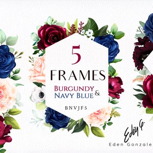 Digital Navy Blue & Burgundy Frames/Clipart/Flowers/Arrangements/Stationery/Watercolor/Border/Floral/Blue/Red/Bordeaux/Wine/Commercial use