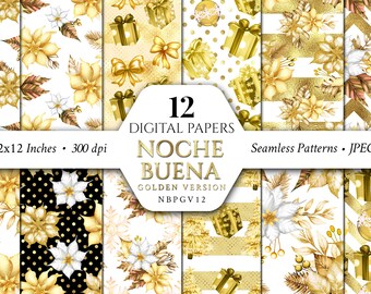Christmas Digital Papers/Golden/Gold/Copper/Patterns/Noche Buena/Poinsettia/Clipart/Xmas/Floral/Winter/Flower/Seamless/Commercial use