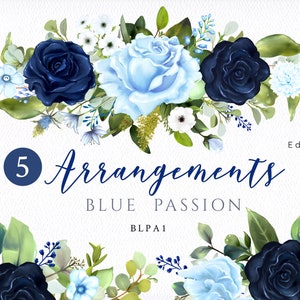 Digital Blue Arrangements/PNG/Clipart/Border/Flowers/Bouquets/Stationery/Watercolor/Wedding/Navy/Light blue/Floral/Commercial use