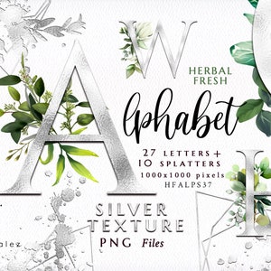 Alphabet/Greenery/Leaf/Leaves/Herbal/Tropical/Letters/PNG/Silver/Gray/Wedding/Clipart/Stationery/Splatter/Texture/Watercolor/Commercial use