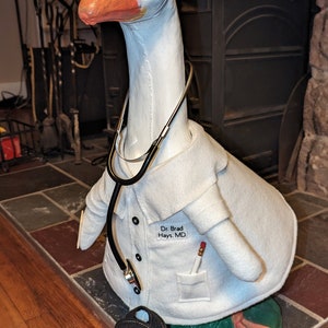 Doctor Outfit with Dr's Bag and black stethoscope.Made to order, Size Large 23"-28"  Plastic or cement goose. Porch Goose. Goose Clothing.