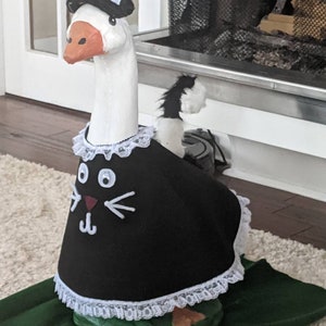 Goose Outfit. Goose Clothing.Black Kitty Cat with faux fur hat and tail. "Cassie". Size Large 24"-27" cement or plastic geese clothing.