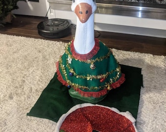 Christmas Goose Outfit: Tree Skirt and Star Hat. Made to order. Porch Goose Clothing.