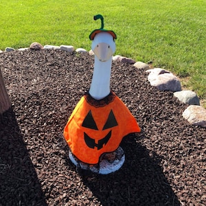 Porch Goose Clothing Halloween Pumpkin Dress and Hat, goose clothes, goose outfits, porch goose, geese clothes, Geese Outfits, harvest goose